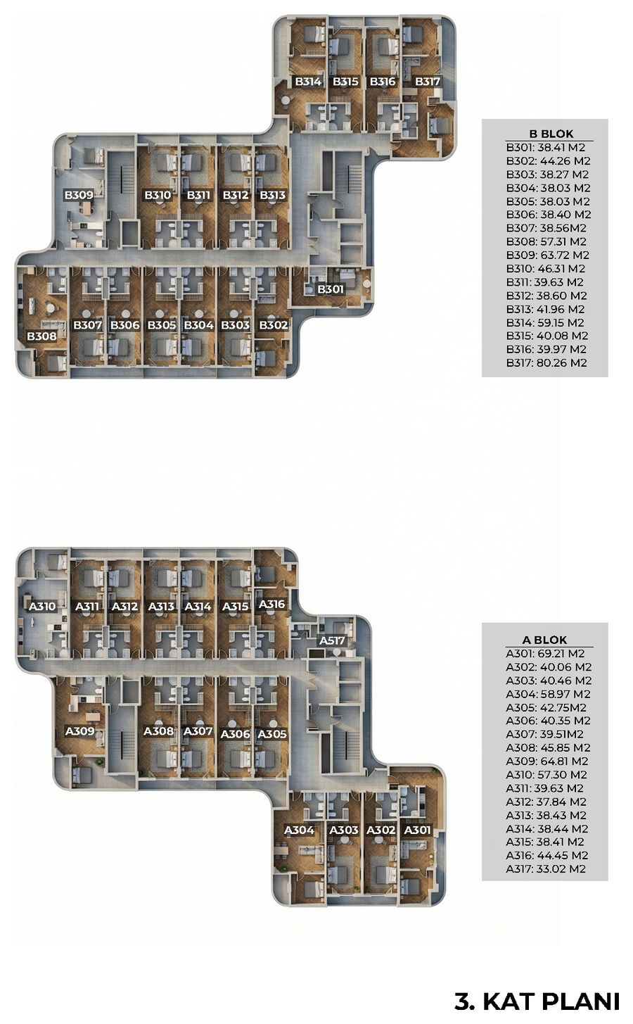 3. kat planı, A ve B blok